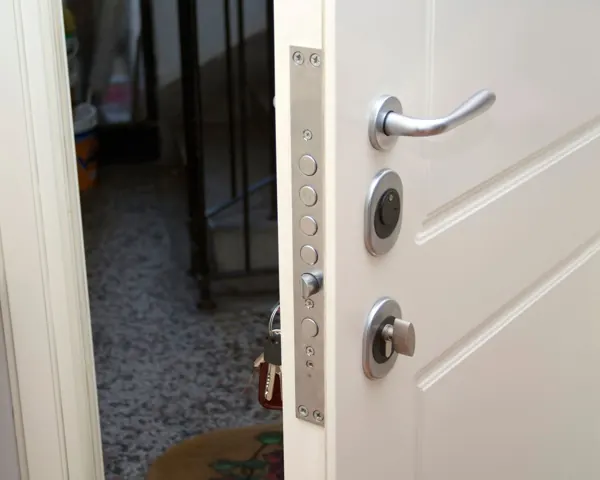 Porta blindata bianca con serratura a cilindro europeo e chiavistelli