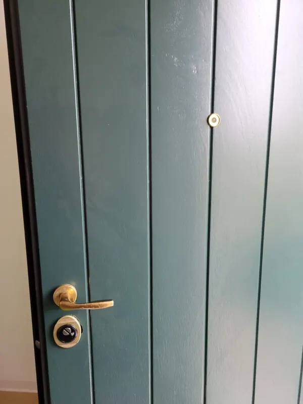 Porta blindata verde con maniglia e defender del cilindro europeo